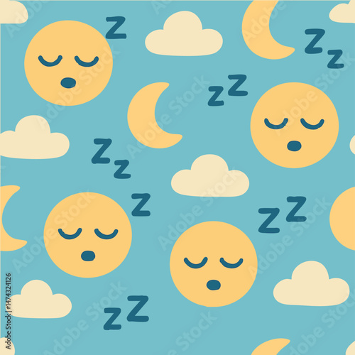 Pattern of sleeping faces with moons and clouds on a blue background creates a serene nighttime atmosphere