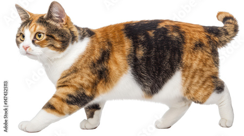 Beautiful Calico Cat Walking with Grace on PNG transparent background