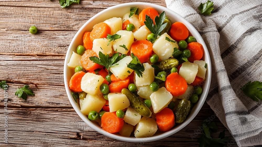 Colorful vegetable salad in white bowl on wood surface, garnished Colorful vegetable salad in white bowl on wood surface, garnished