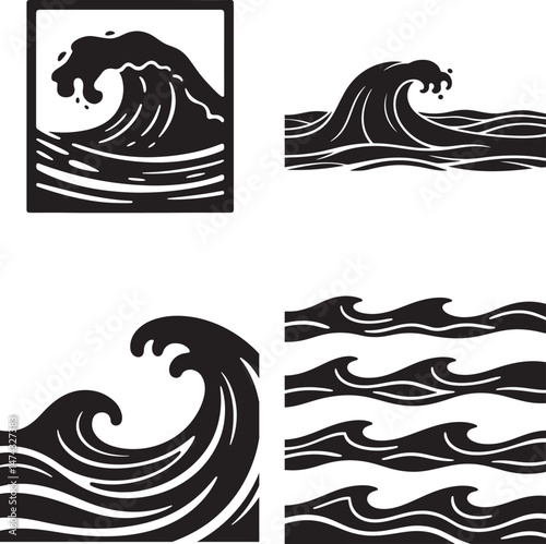 Minimalist black and white wave pattern, Japanese woodblock style, stylized ocean flow design, vector illustration, abstract aquatic motion, high contrast, smooth flowing lines, tattoo-style waves, cl