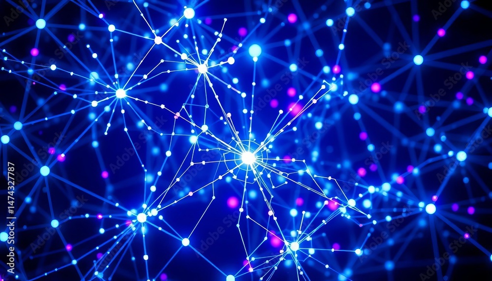 Cosmic web of glowing blue & purple nodes, intricate technological connections, reality, futuristic Cosmic web of glowing blue & purple nodes, intricate technological connections, reality, futuristic