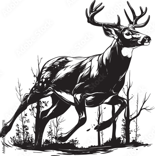 Leaping deer with antlers in detailed monochrome forest illustration