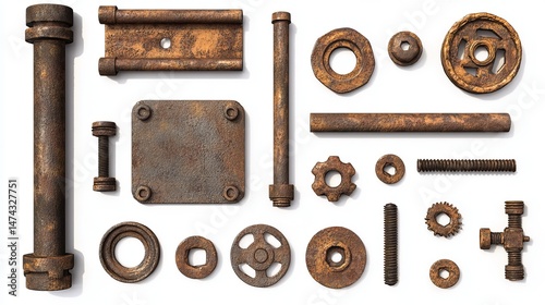 Collection of industrial elements including rusty metal pipe parts, bolts, and plates isolated for design use