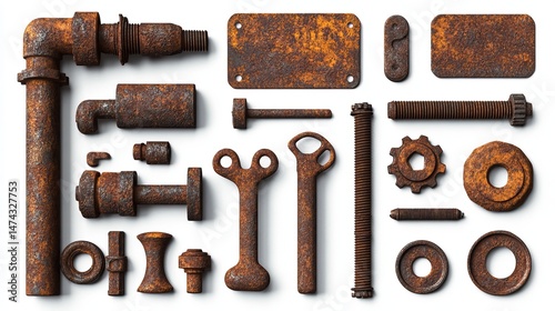 Collection of industrial elements including rusty metal pipe parts, bolts, and plates isolated for design use