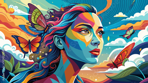 A collage art piece merging a woman's profile, butterflies, and sky imagery for a surreal, dreamlike effect