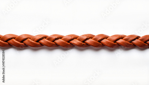 Top-down view of a single braided leather strap, minimalistic style, white surface background, copy space