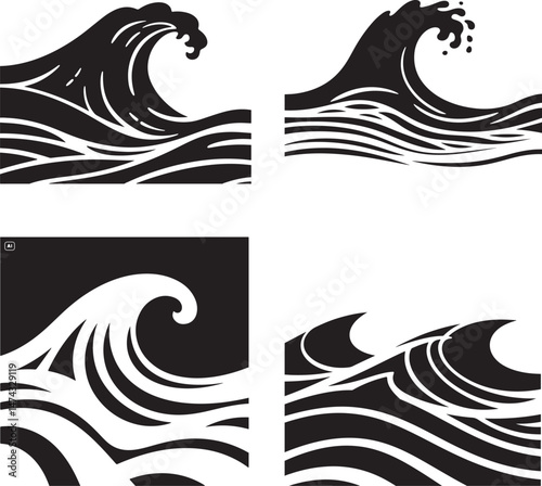Minimalist black and white wave pattern, Japanese woodblock style, stylized ocean flow design, vector illustration, abstract aquatic motion, high contrast, smooth flowing lines, tattoo-style waves, cl