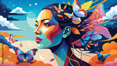 A collage art piece merging a woman's profile, butterflies, and sky imagery for a surreal, dreamlike effect