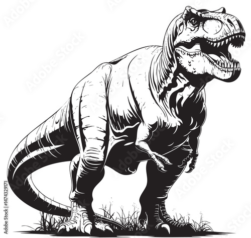 Aggressive T-Rex roaring in black and white dinosaur vector drawing