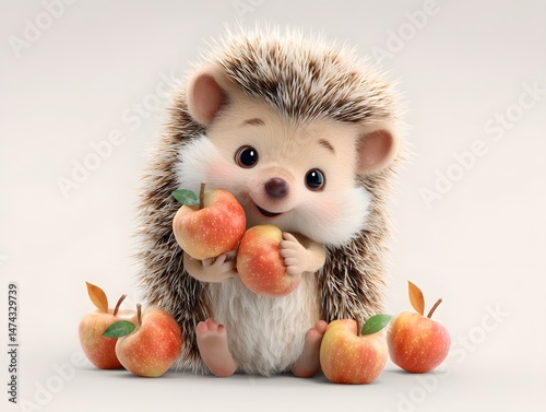 Adorable 3D Cartoon Hedgehog with Apples in Autumn Forest for Cute Seasonal Theme