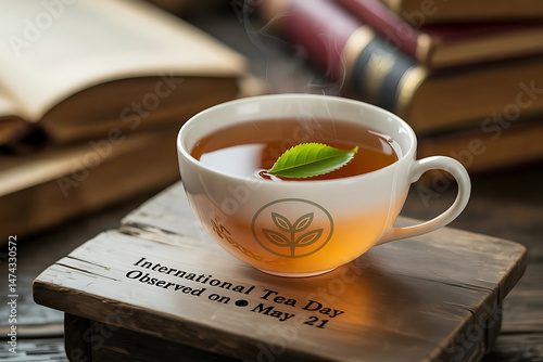 Steaming cup of tea with leaf celebrating international tea day on wooden surface