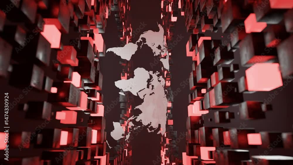 Digital world map surrounded by floating red 3D cubes in virtual space. Futuristic abstract illustration. Global data network and technology concept, poster, header. vertical