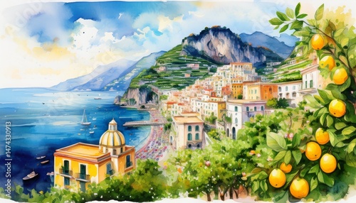 vibrant watercolor landscape of amalfi coast italy with colorful cliffside villages and lemon groves