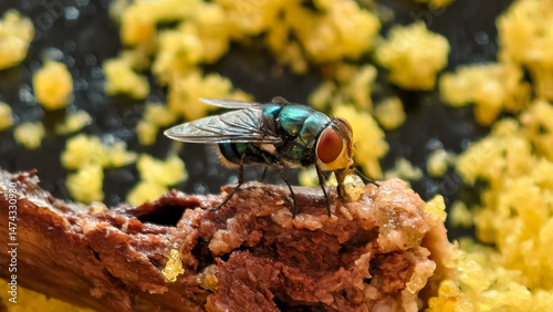 A vibrant greenbottle fly perched on discarded food scraps, conveying disease