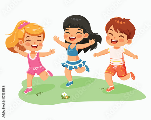 Smiling international kids playing and running. Cartoon character in flat design style isolated on white background. Poster, Banner, Flyer, Summer time. Vector illustration