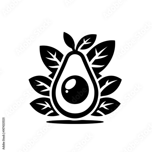 Avocado Silhouette with Leaf and Pit