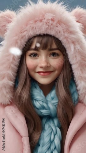 Excited, bright-eyed girl with rosy cheeks smiles modestly during a snowfall, wearing a fluffy pink bear hood and a blue scarf