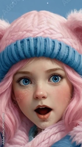 Pink-haired young girl in a cozy knit hat with bear ears expressing surprise with open mouth and wide eyes