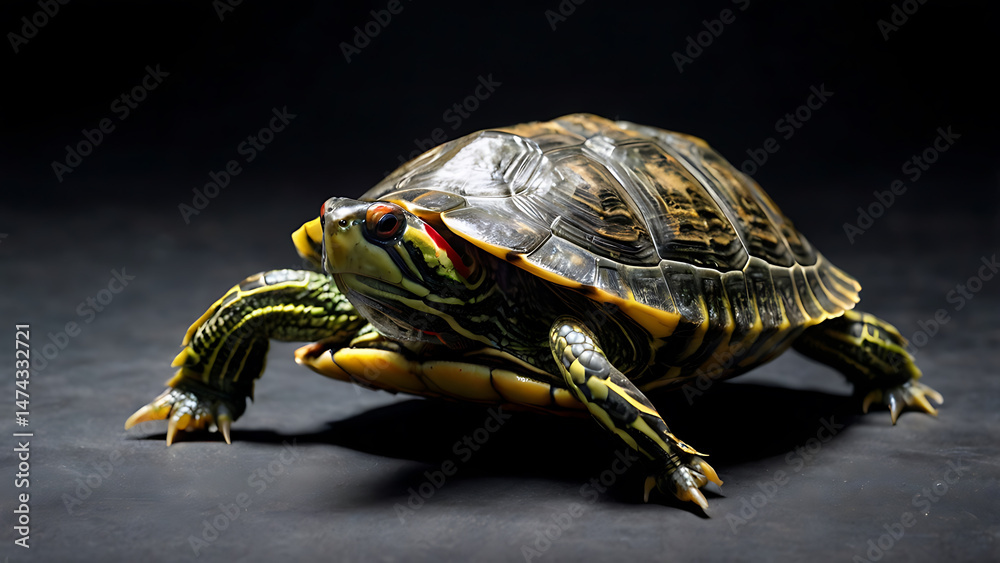 Obraz premium A close-up shot of a red-eared slider turtle on a dark, textured background.