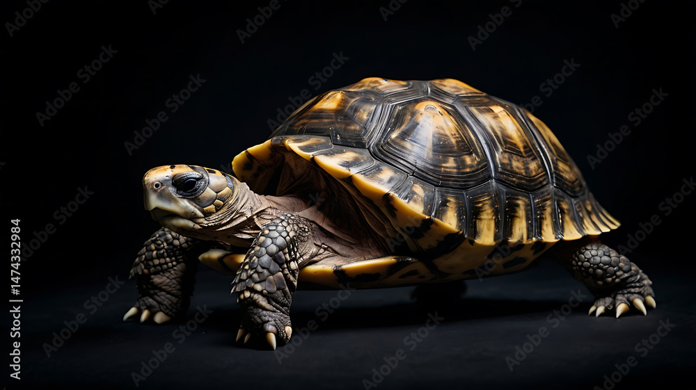 Obraz premium A detailed studio shot of a beautiful tortoise against a dark background.