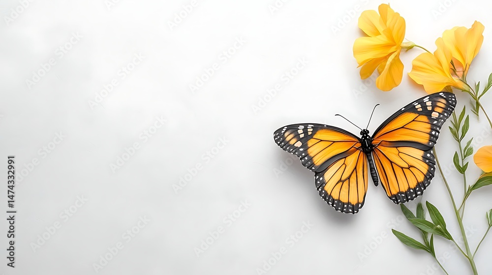 Obraz premium Spring flora illustration with butterfly nature's beauty in a serene environment