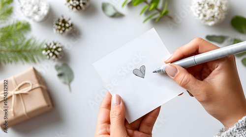 Hands holding a blank card while drawing a heart with a pen surrounded by decorative elements and a gift box on a light surface. Seletive focus