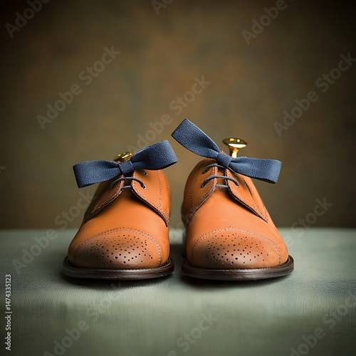 Tan shoes with navy bows on display