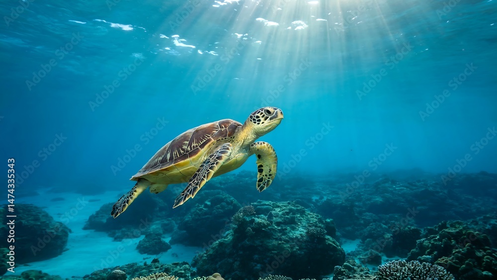Obraz premium Ocean Voyager: A graceful sea turtle glides serenely beneath the sunlit surface of the deep ocean, embodying the tranquility of the underwater realm.