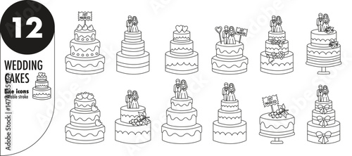 Wedding cakes - editable stroke thin line icons set. Wedding, celebration, party, pastry, bride, groom, just married, marriage, love, couple, multi-tiered cake, sweets, dessert, vector illustration