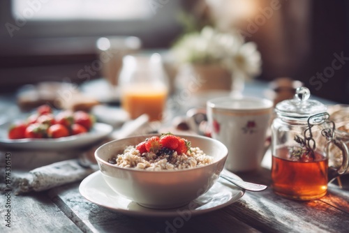 Warm morning oatmeal breakfast with fresh strawberries, honey, and orange juice on rustic wooden table setting