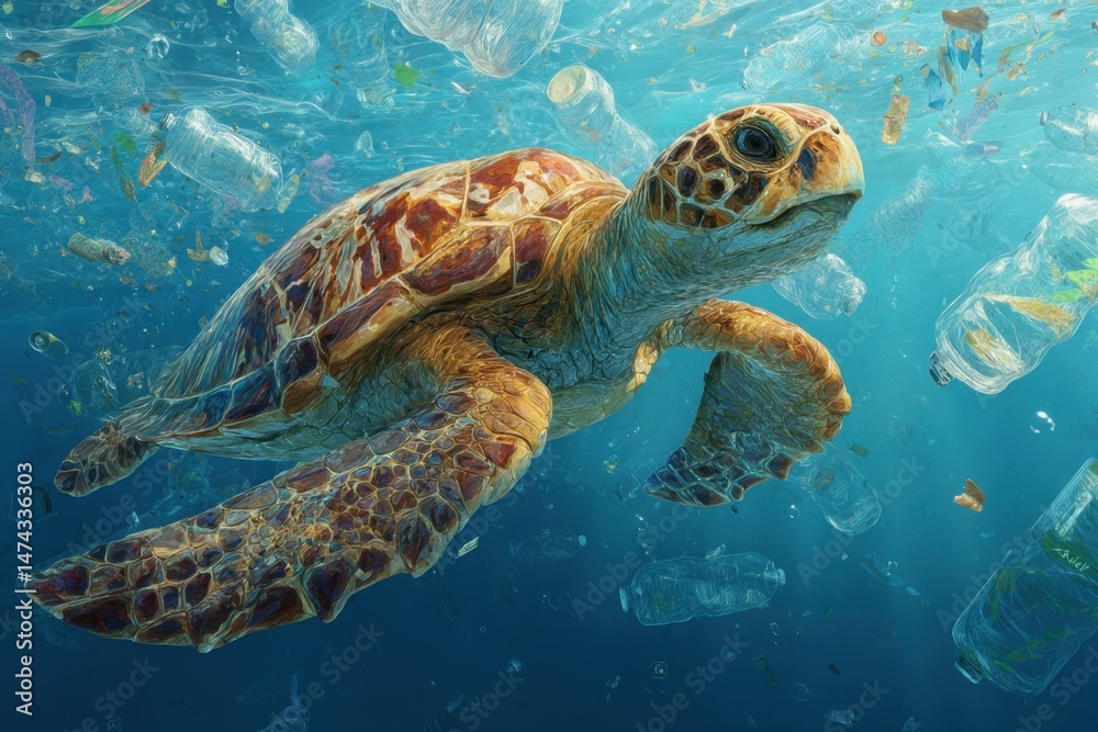 Obraz premium Sea turtle swimming in ocean with plastic waste