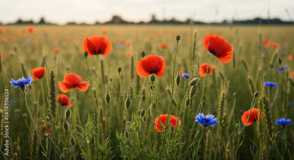 Fototapeta premium Red poppy flowers and blue cornflowers blooming in wheat field on summer day. Natural meadow landscape for environmental conservation, remembrance day and botanical art inspiration