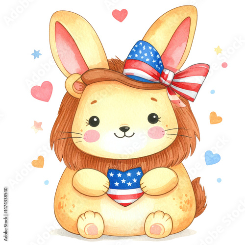 Cute bunny with a lion mane and patriotic colors, ideal for kids isolated against a transparent background..