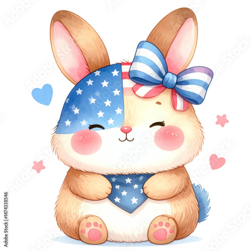 Cute bunny with an American flag bandana and big playful eyes isolated against a transparent background isolated against a transparent background...