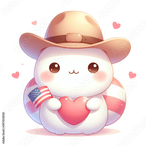 Cute cartoon animal holding a heart and American flag isolated against a transparent background..