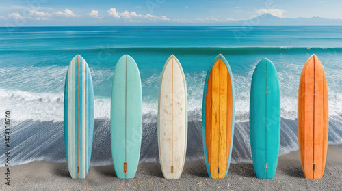 Six vintage surfboards stand on a sandy beach, facing a tranquil ocean with gentle waves under a bright sky