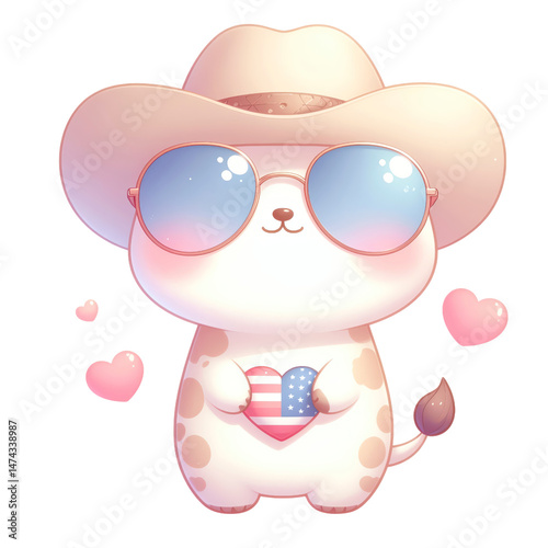 Cute cartoon animal wearing sunglasses and cowboy hat with heart isolated against a transparent background..