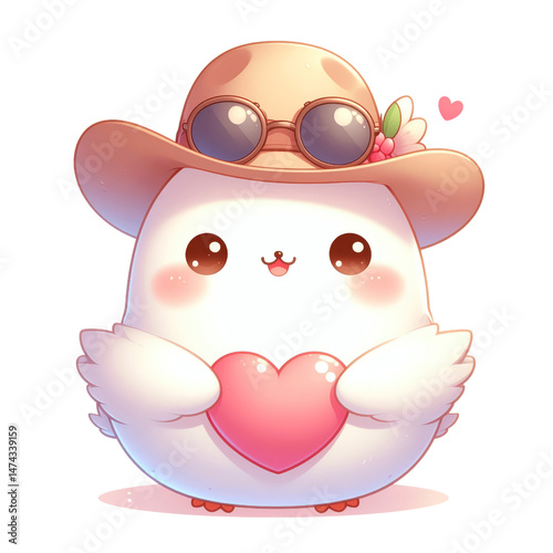 Cute cartoon bird holding a heart, wearing a sun hat and glasses isolated against a transparent background..