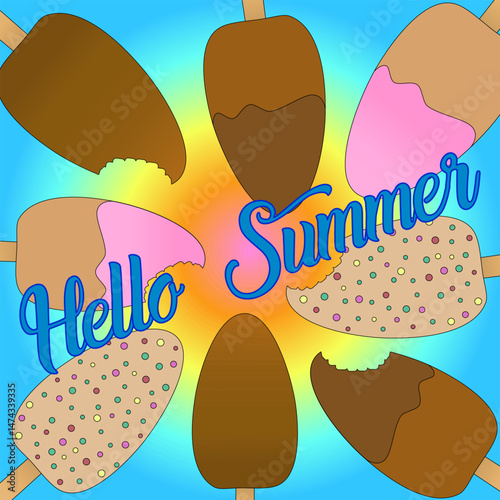 Greeting card illustration with a scene of ice cream frame on wooden stick, whole and with bite marks on gradient background. Hello Summer inscription. For holiday, food banner, summertime design.