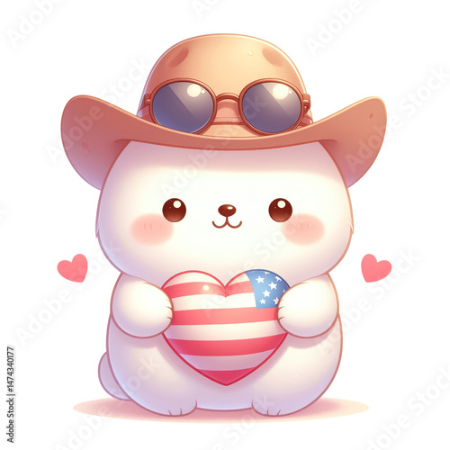 Cute cartoon character holding a heart with an American flag design isolated against a transparent background..