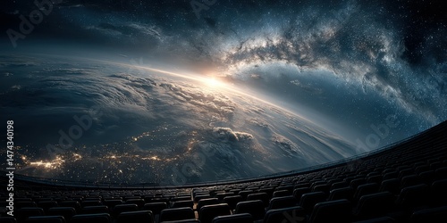 View of Earth from space with dramatic lighting and a vast galaxy in the background at twilight