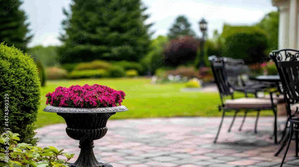 Fototapeta premium A decorative planter with purple flowers sits on a stone patio, surrounded by greenery and outdoor furniture in a peaceful garden setting.