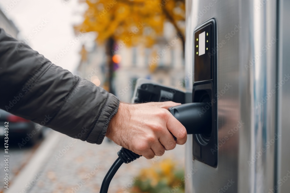 Obraz premium Person holding electrical car charger at station for automobile, future transport, eco-friendly technology