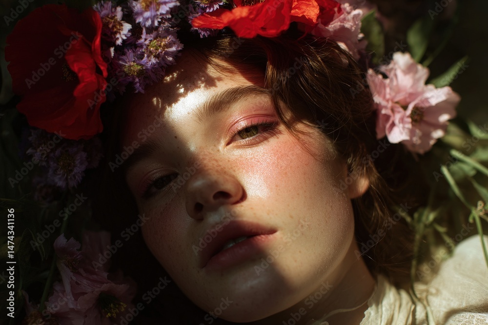 Naklejka premium A woman with floral crown, bathed in sunlight.