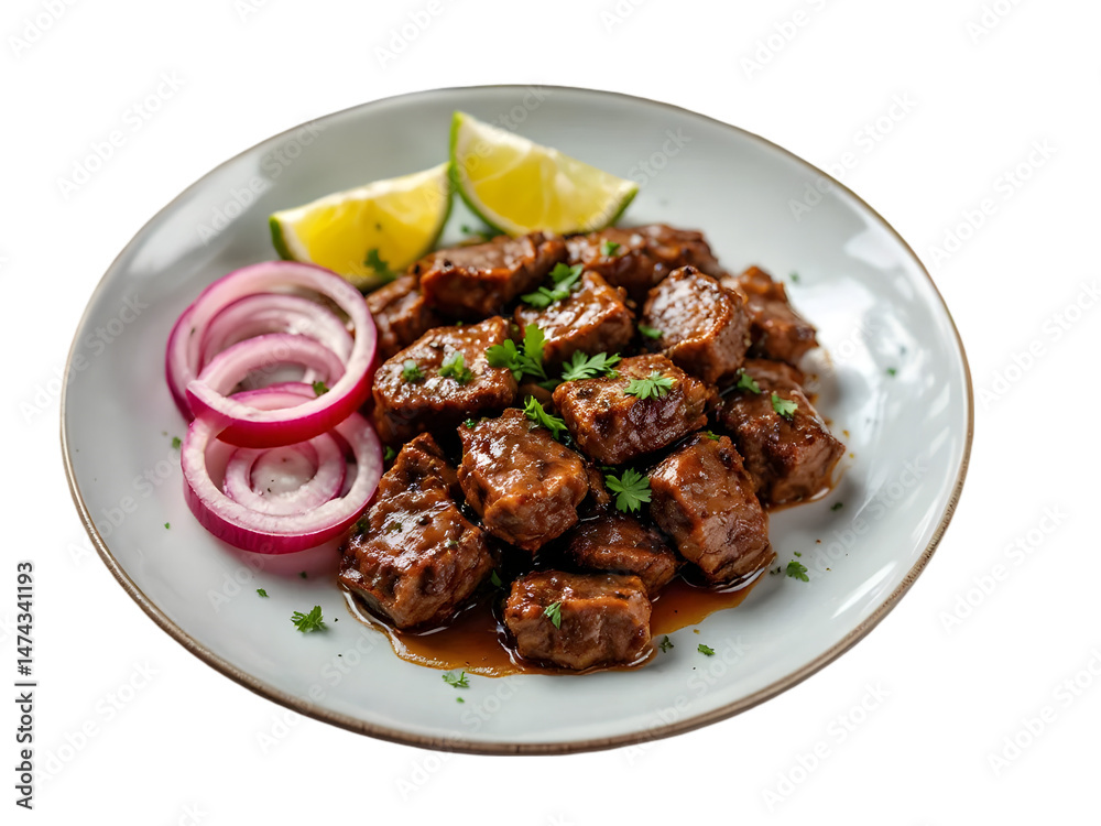 Delicious Spicy Beef Cubes Gourmet Dish Red Onion Lime Garnish Tasty Food Photography Studio Shot Appetizing Meal Restaurant Menu Image High Delicious Spicy Beef Cubes Gourmet Dish Red Onion Lime Garnish Tasty Food Photography Studio Shot Appetizing Meal Restaurant Menu Image High
