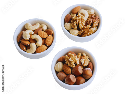 Assortment of Nuts in White Bowls on Black Background