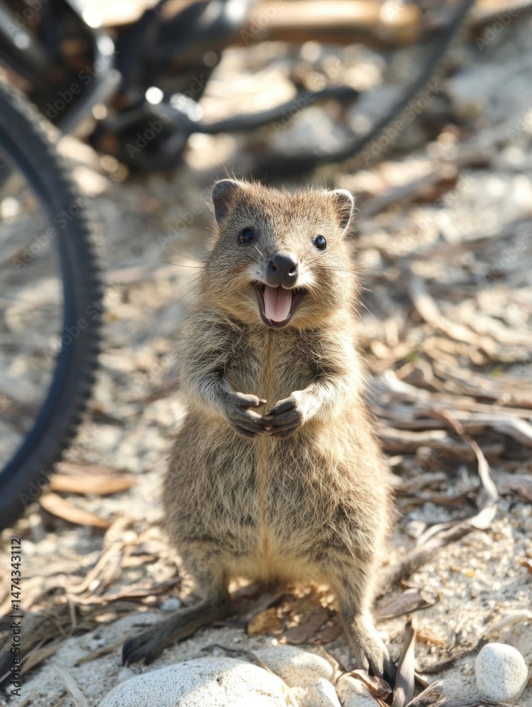 Fototapeta premium Smiling Quokka Standing on Hind Legs in Natural Habitat Rottnest Island Western Australia Eye Level Close Up Shot