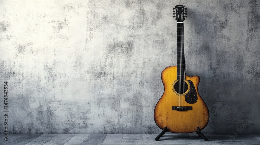 Naklejka premium Acoustic guitar on a black stand against a white textured wall in a modern studio space