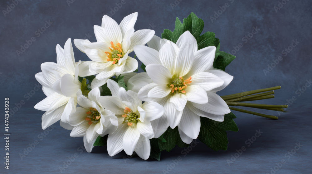 Obraz premium A beautiful bouquet of pristine white dahlia flowers, with soft yellow centers and vibrant green leaves, rests gently against a dark, textured background elegantly.