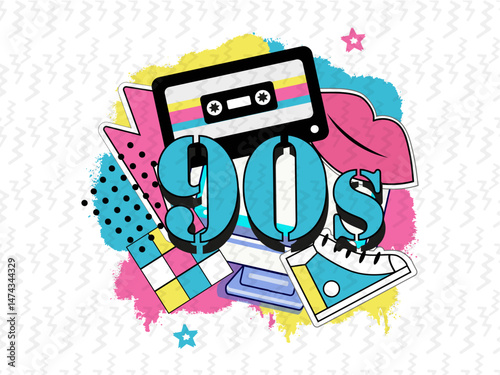Party graphic design template. Poster templates with happy nineties symbols, neo brutalism, gamepad and devices, headphones and other retro pop culture signs
